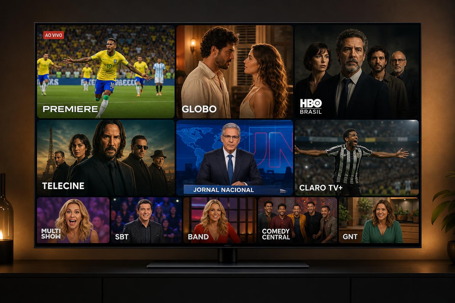 Interface UniTV 4K em Smart TV exibindo canais brasileiros ao vivo no exterior